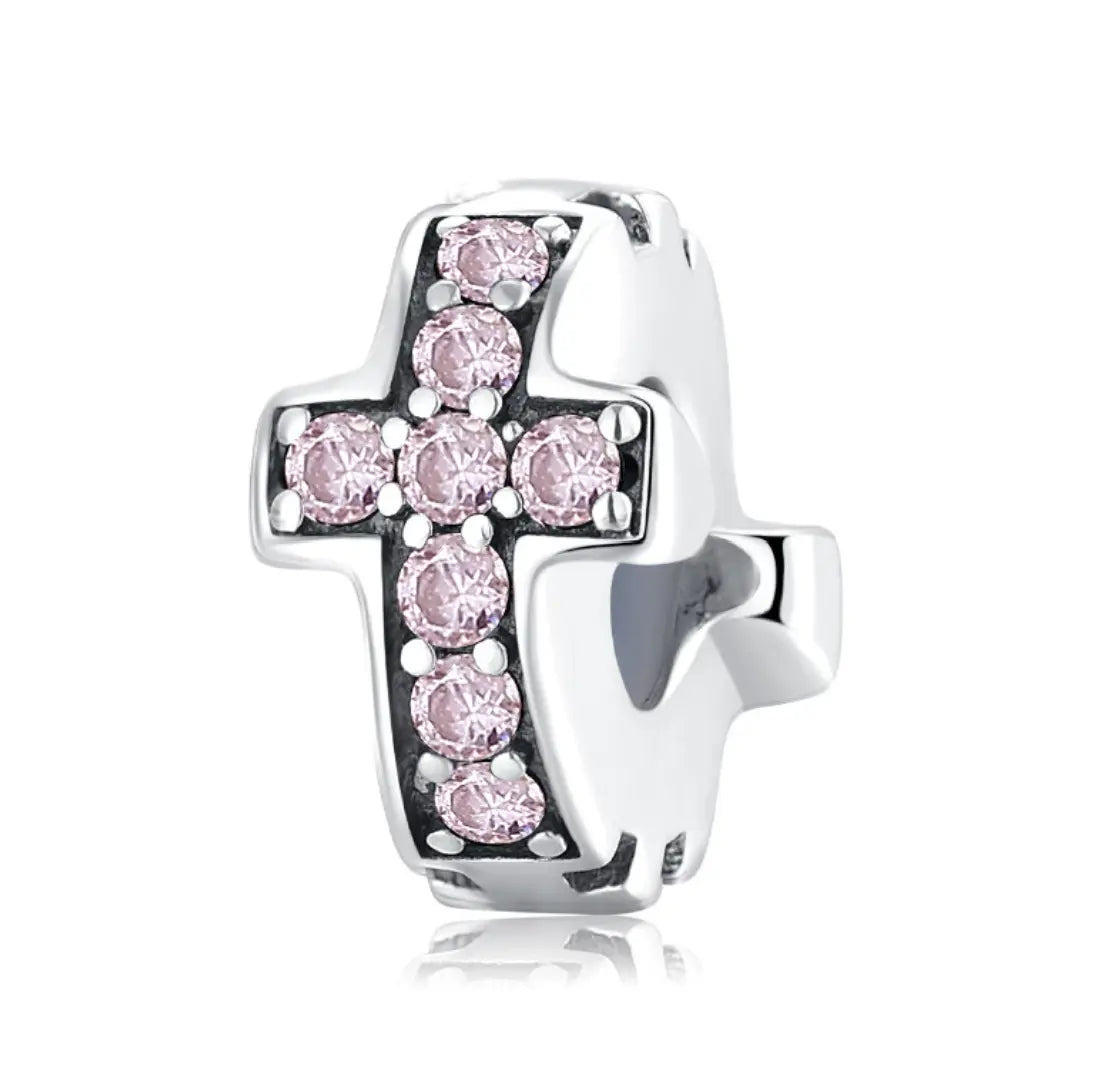 Sterling Silver Pink Zircon Cross Spacer Charm Kozy Lumiere