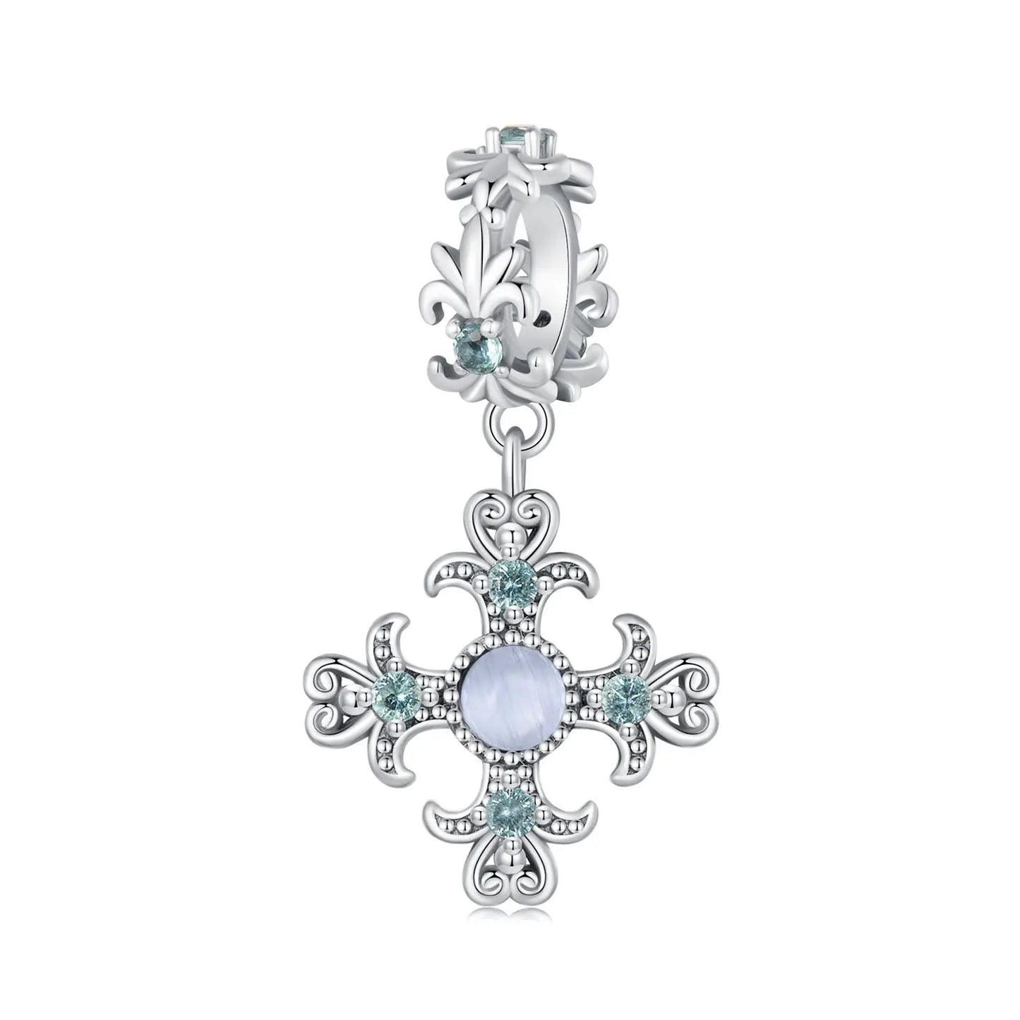 Vintage Iris Flower Cross Dangle Charm in Sterling Silver Kozy Lumiere