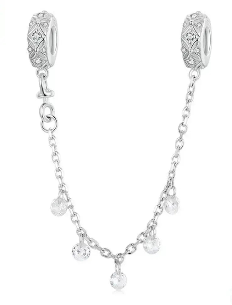 S925 Sterling Silver carved Flower with Dangly Gemstone Safety Chain Charm Kozy Lumiere