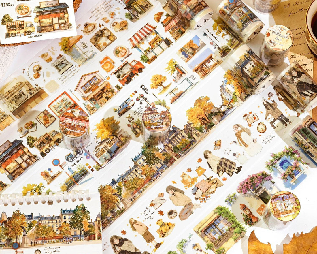 PET journal tape with illustrated city details for planner pages