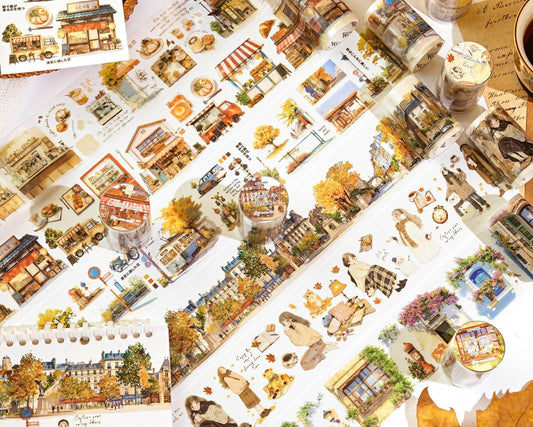 PET journal tape with illustrated city details for planner pages