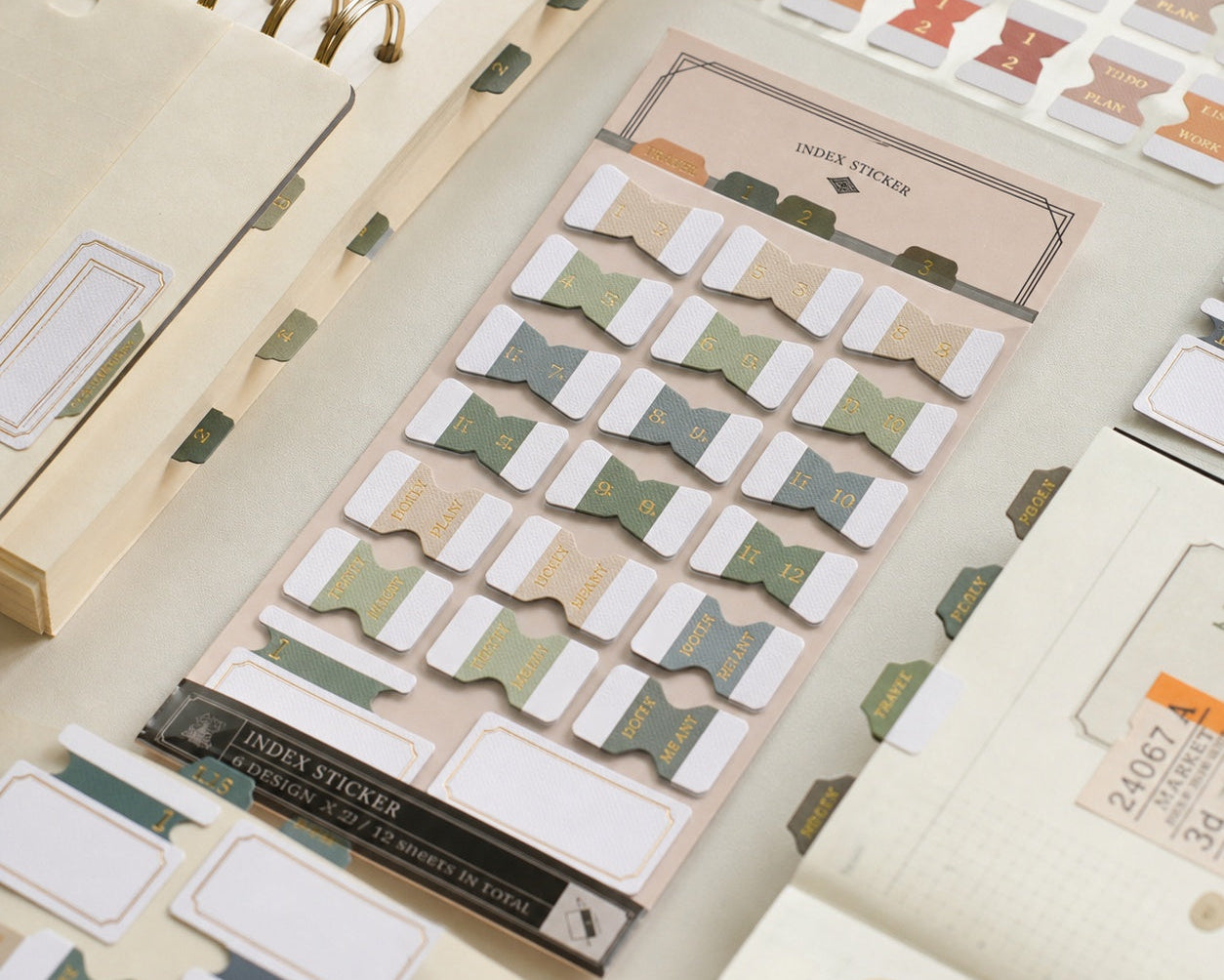 Minimal vintage green and gold index tab stickers for planners