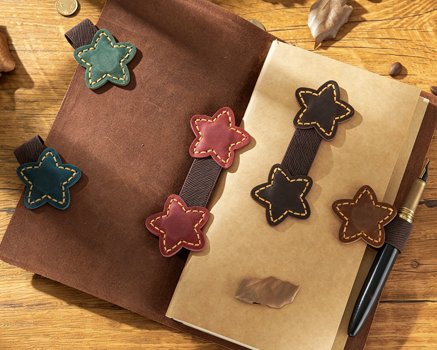 Genuine Leather Magnetic Bookmark & Pen Holder | Double-Sided Strong Magnet Clip, Handmade Cute Decorative Page Marker for Notebooks, Journals, Agendas