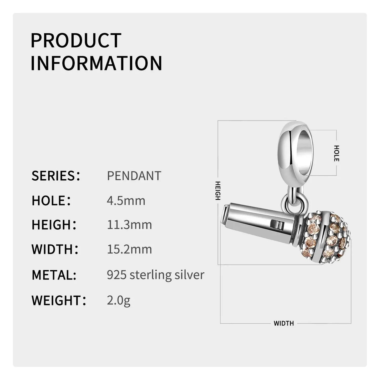 Microphone Dangle Charm in Sterling Silver Kozy Lumiere