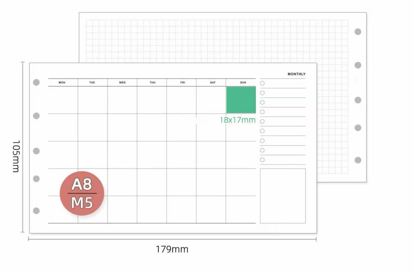 M5/A8 Planner Insert Refill — Blank + Timeline + Daily/Weekly/Monthly Pages — 120gsm, 74 × 105 mm