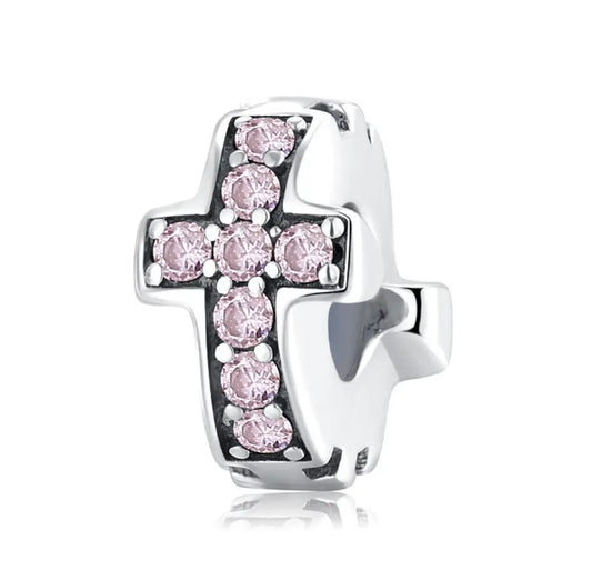 Sterling Silver Pink Zircon Cross Spacer Charm Kozy Lumiere