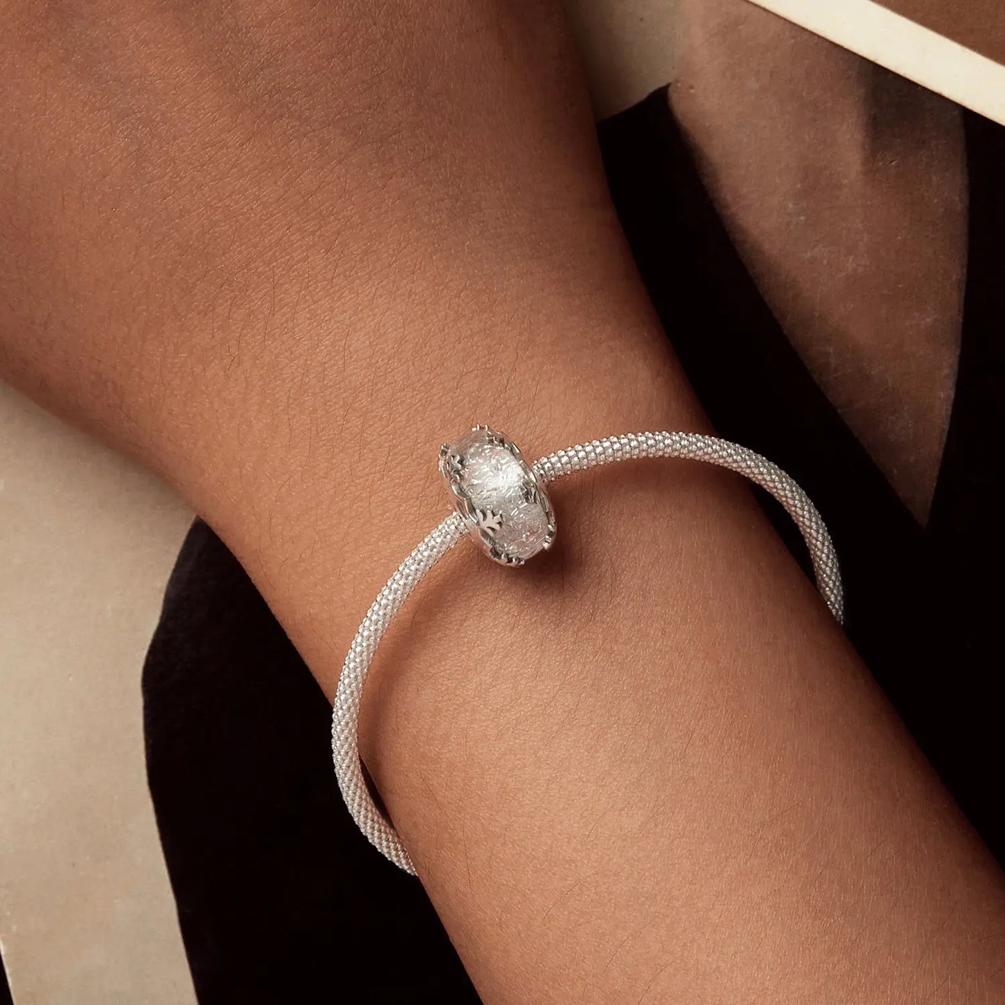 Sterling Silver White Winter Crystal Glass Charm Kozy Lumiere