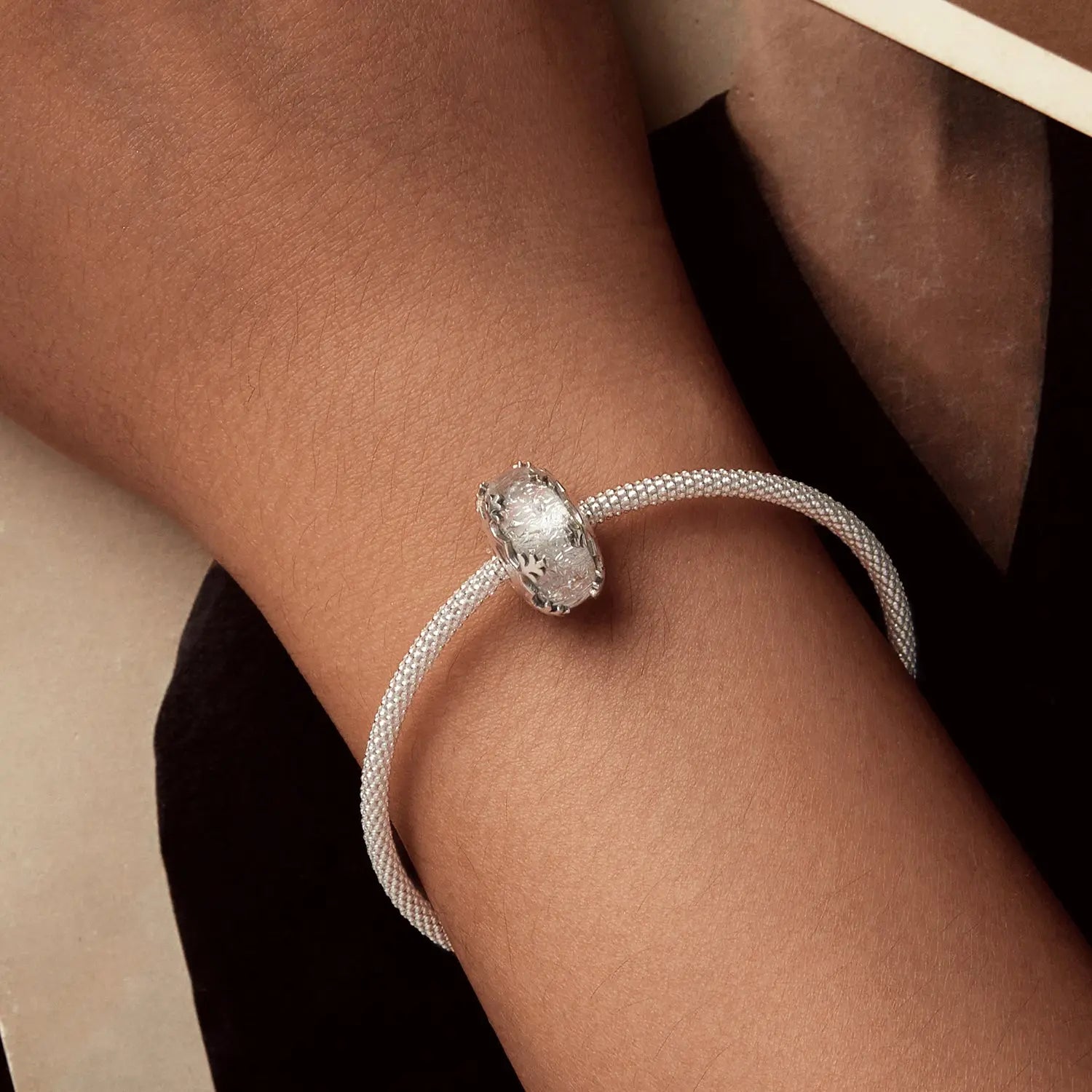 Sterling Silver White Winter Crystal Glass Charm Kozy Lumiere