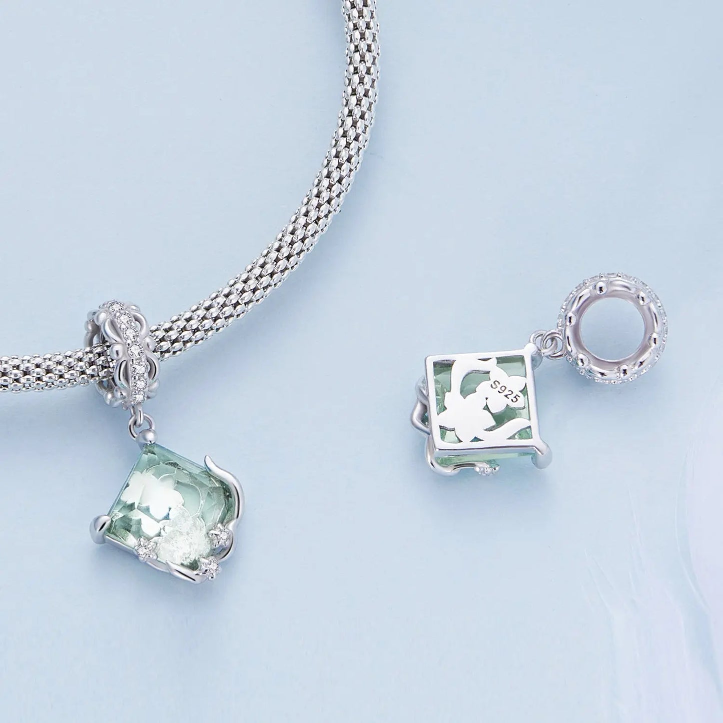 Mint Green Crystal Dangle Charm in Sterling Silver Kozy Lumiere