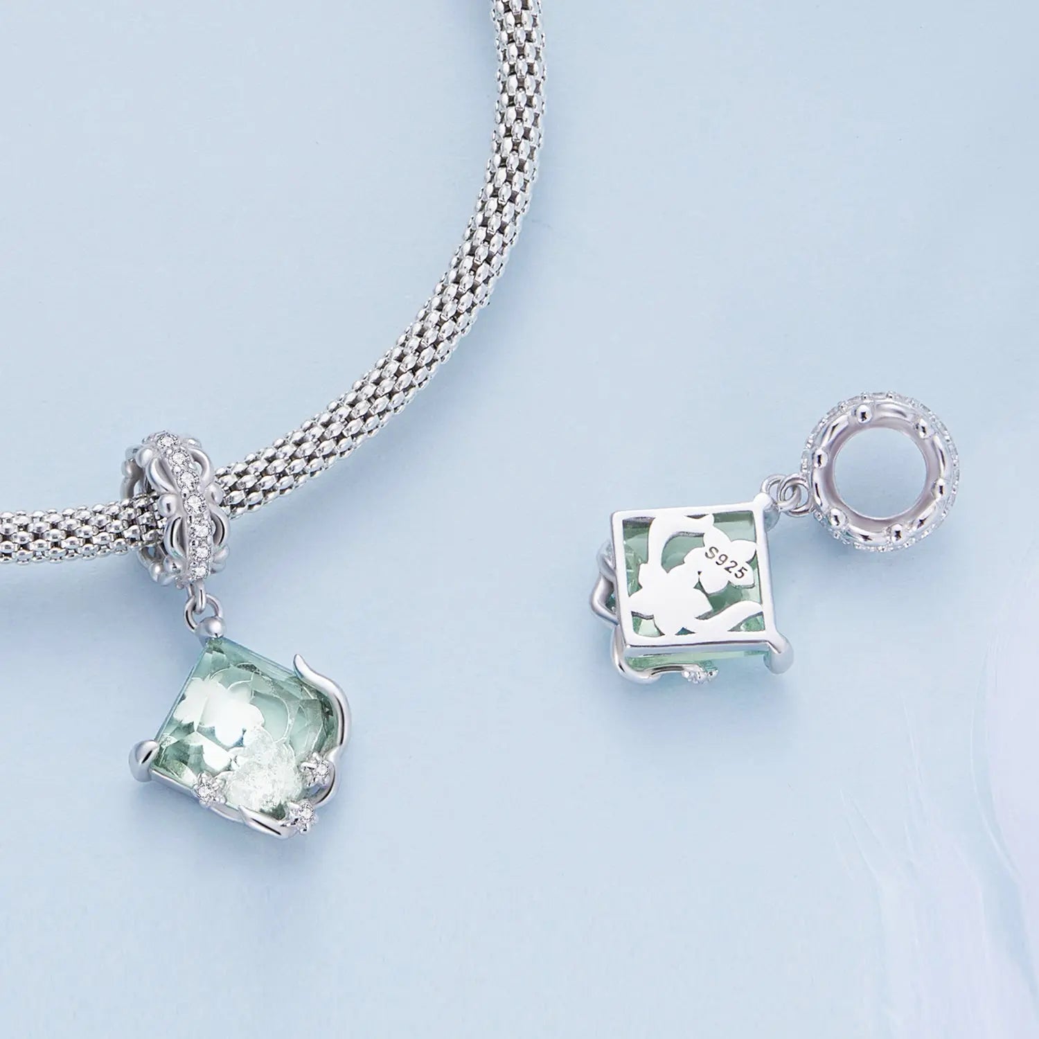 Mint Green Crystal Dangle Charm in Sterling Silver Kozy Lumiere