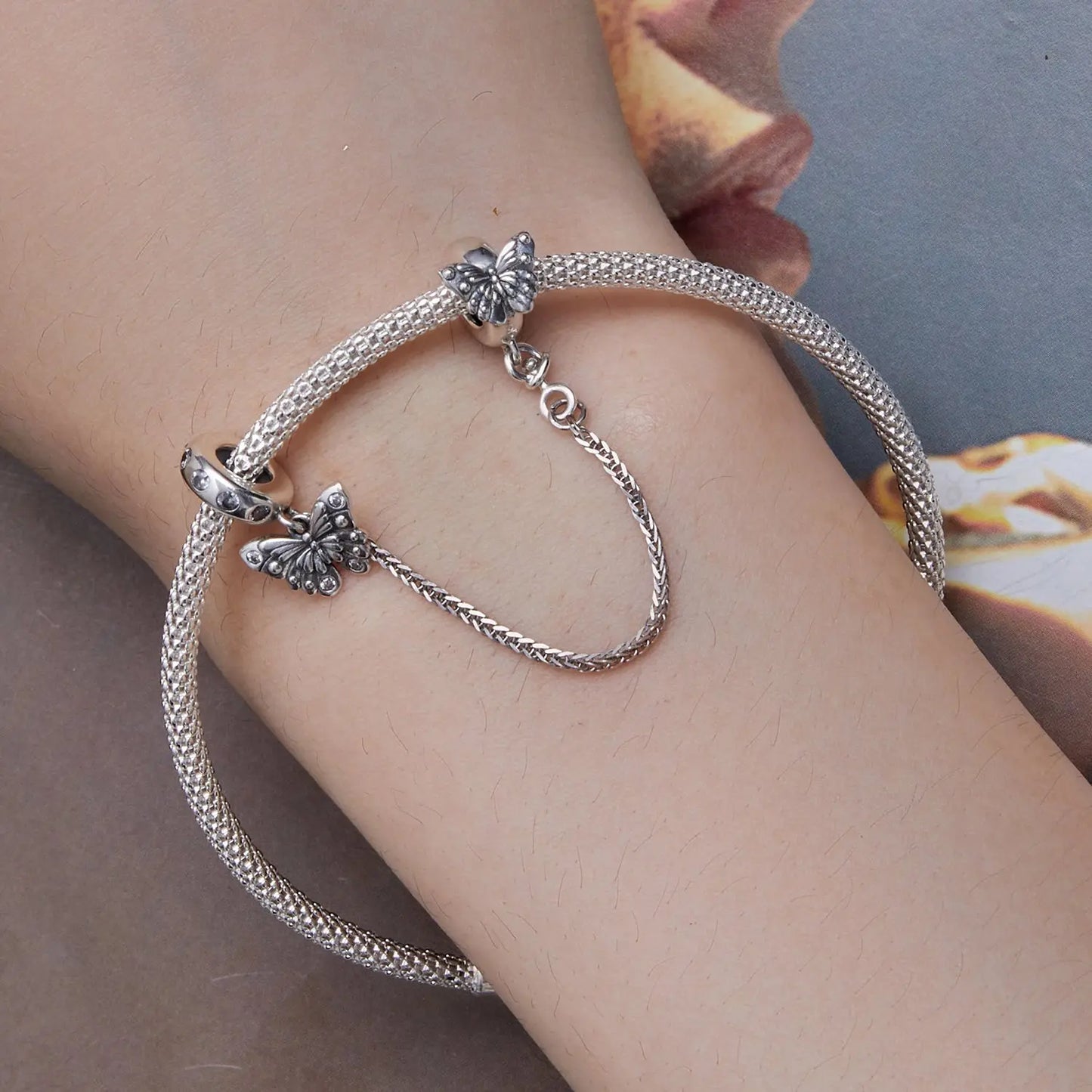 S925 Sterling Silver Butterfly Safety Chain Charm Kozy Lumiere