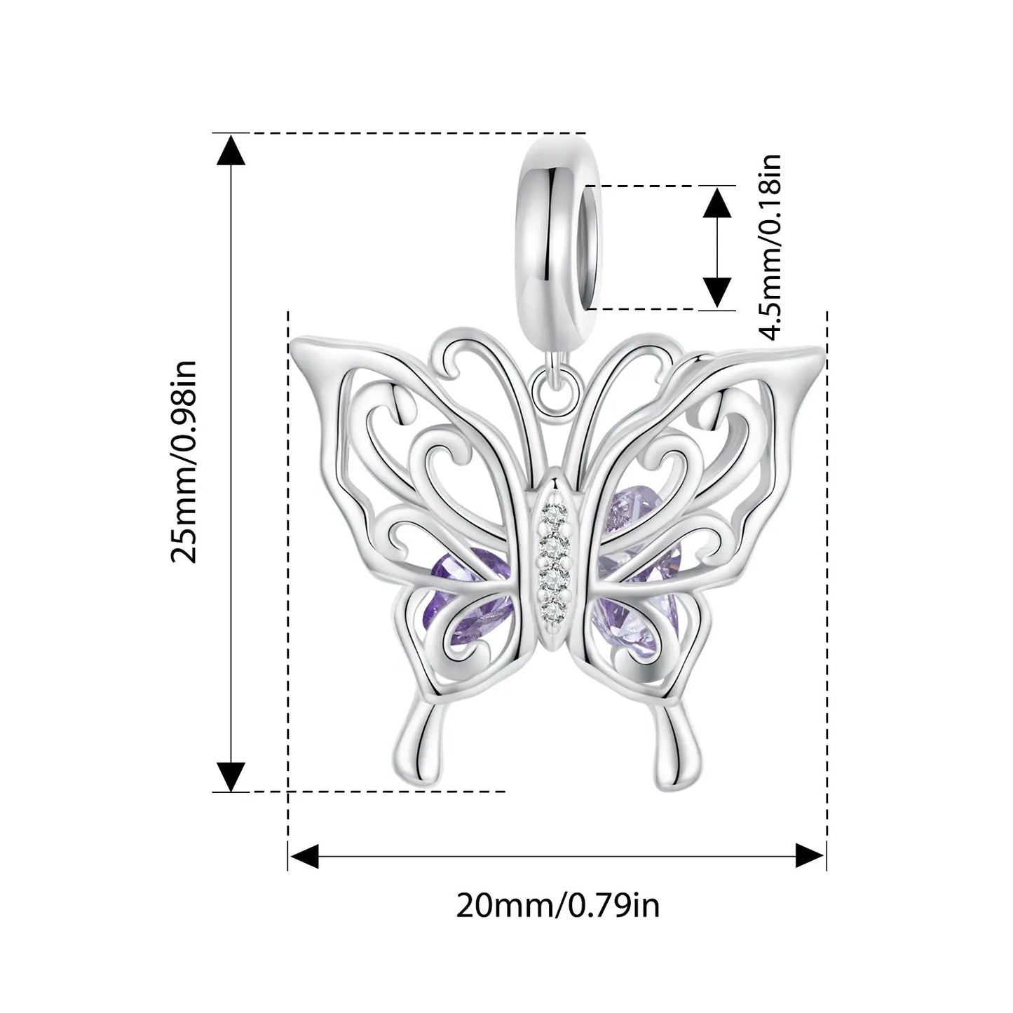 Purple Butterfly Dangle Charm in Sterling Silver Kozy Lumiere