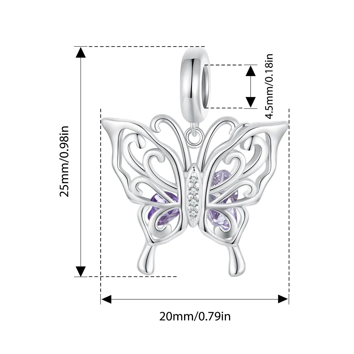 Purple Butterfly Dangle Charm in Sterling Silver Kozy Lumiere