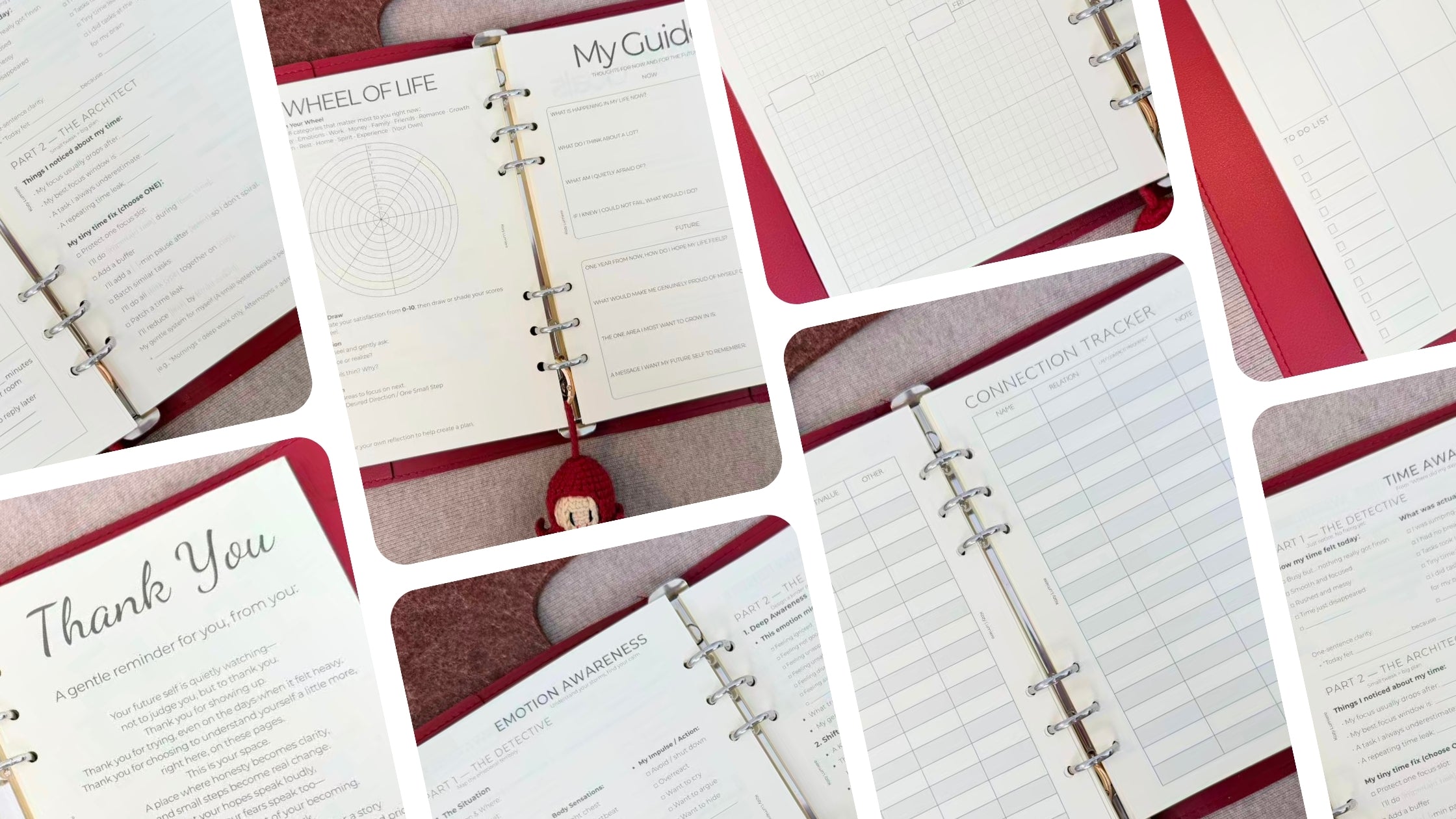 Kozy Lumiere ring binder planner inserts and mindful journaling pages in a red and white planner layout