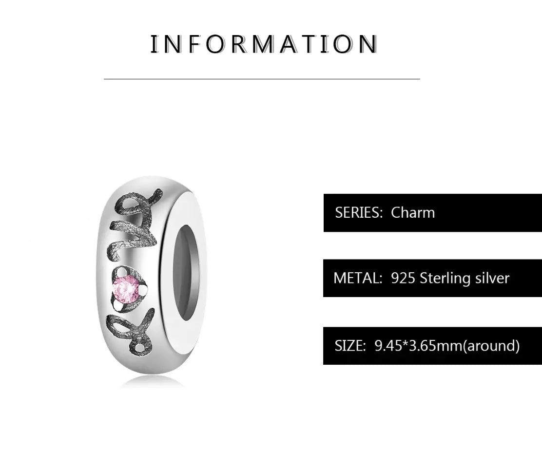 Sterling Silver Pink Zircon LOVE Spacer Charm Kozy Lumiere