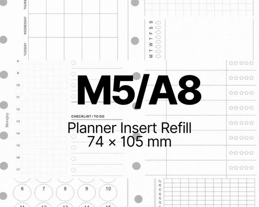 M5/A8 Planner Insert Refill — Blank + Timeline + Daily/Weekly/Monthly Pages — 120gsm, 74 × 105 mm