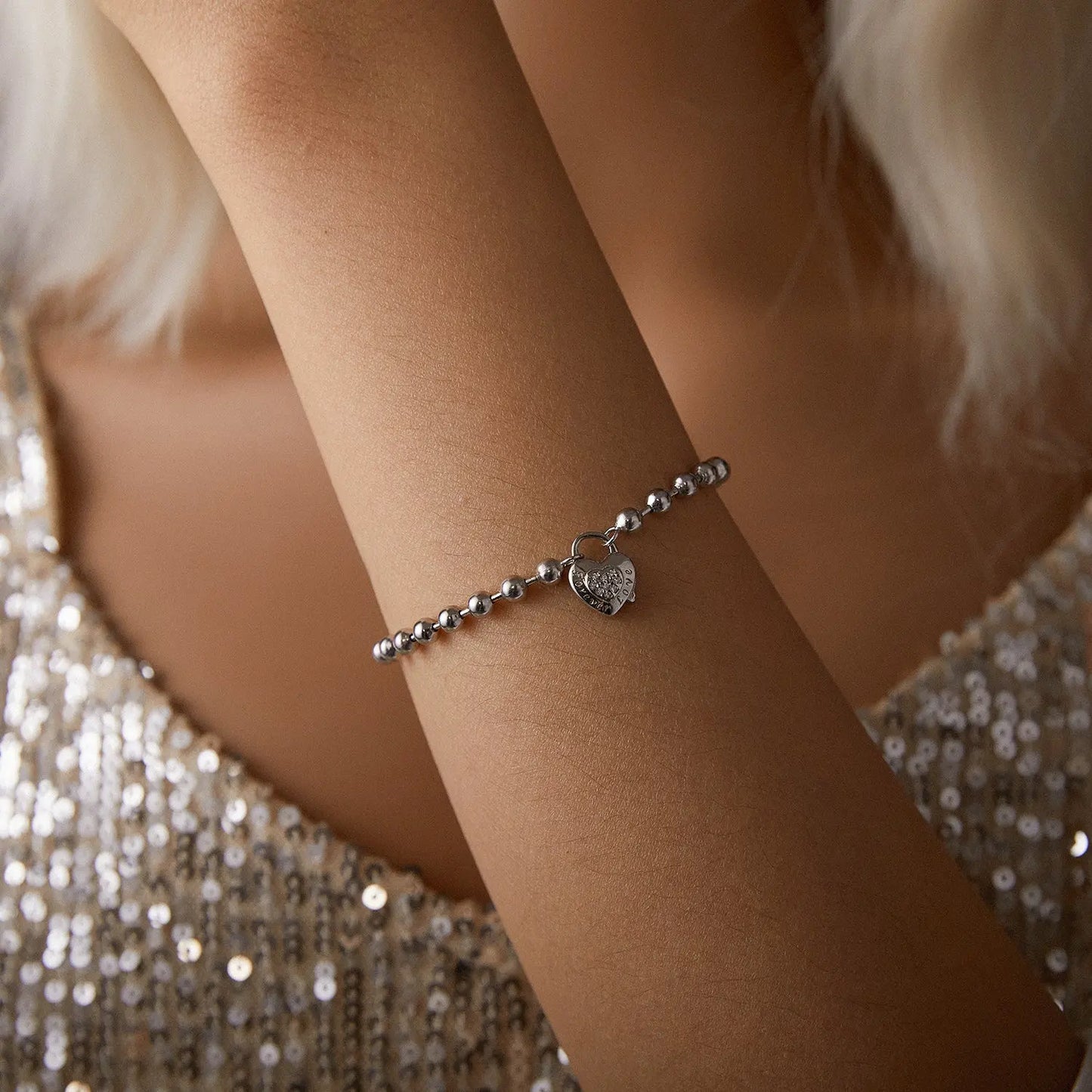 Heart Lock Silver Beaded Charm Bracelet Kozy Lumiere