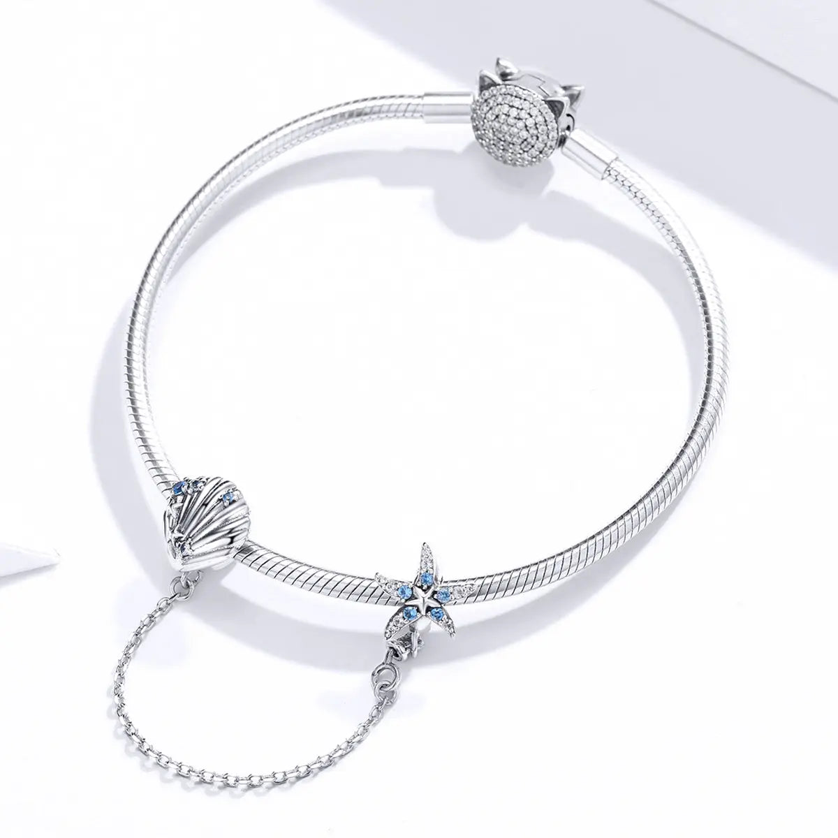 S925 Sterling Silver Sea Shell Sea Star Safety Chain Charm Kozy Lumiere