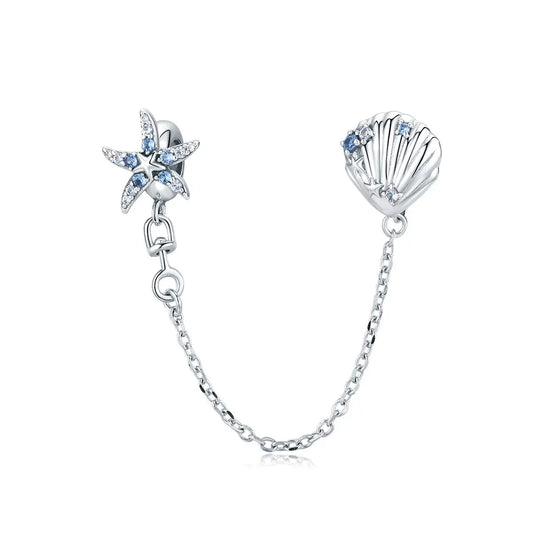 S925 Sterling Silver Sea Shell Sea Star Safety Chain Charm Kozy Lumiere