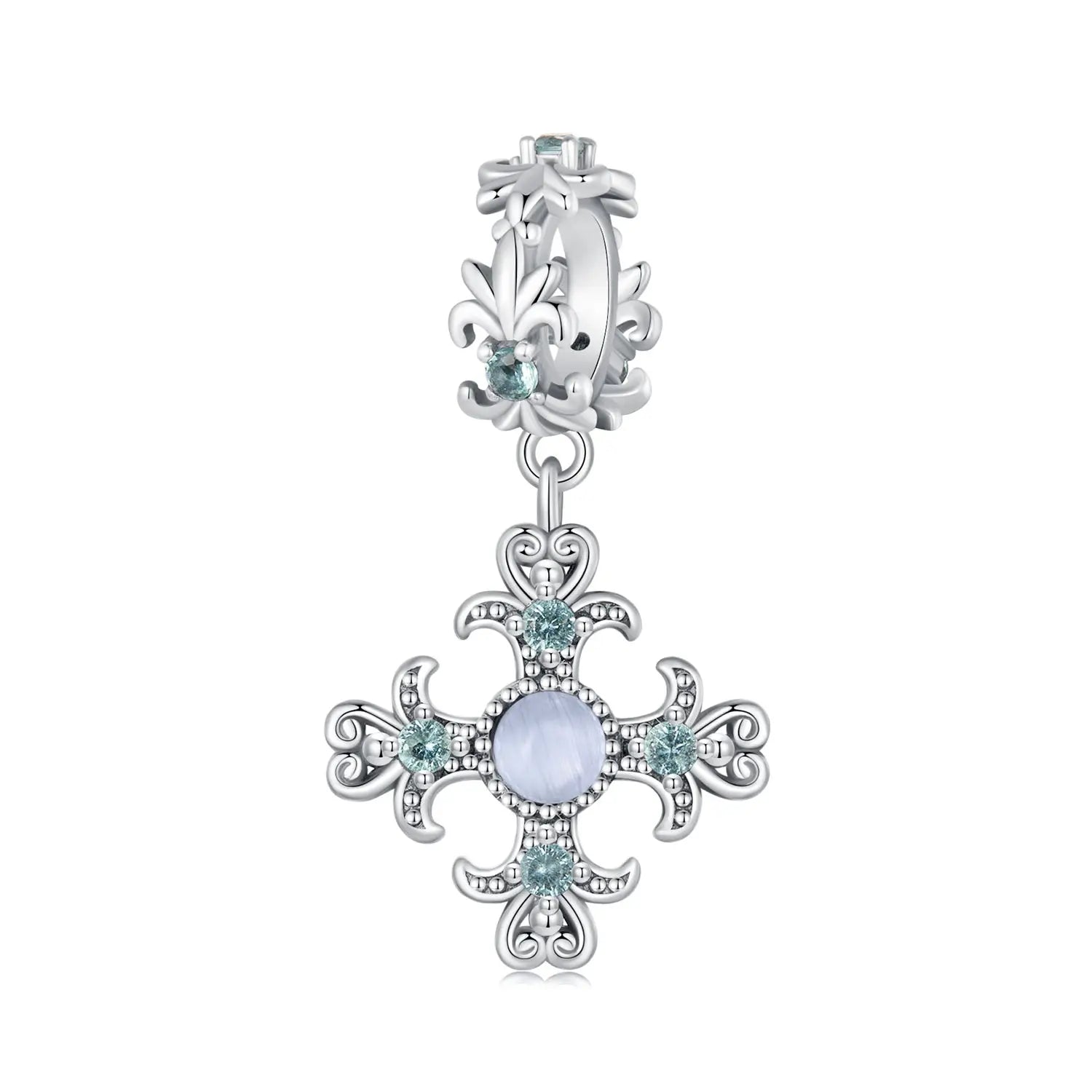 Vintage Iris Flower Cross Dangle Charm in Sterling Silver Kozy Lumiere