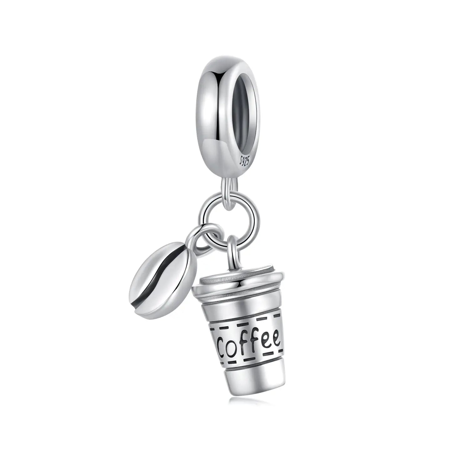 Coffee Cup Coffee Bean Dangle Charm in Sterling Silver Kozy Lumiere