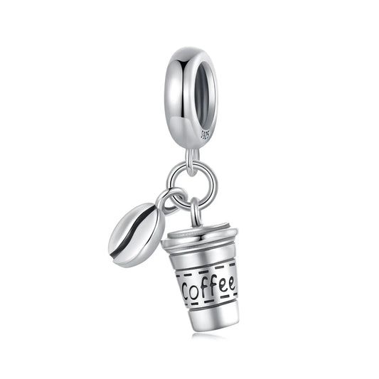 Coffee Cup Coffee Bean Dangle Charm in Sterling Silver Kozy Lumiere