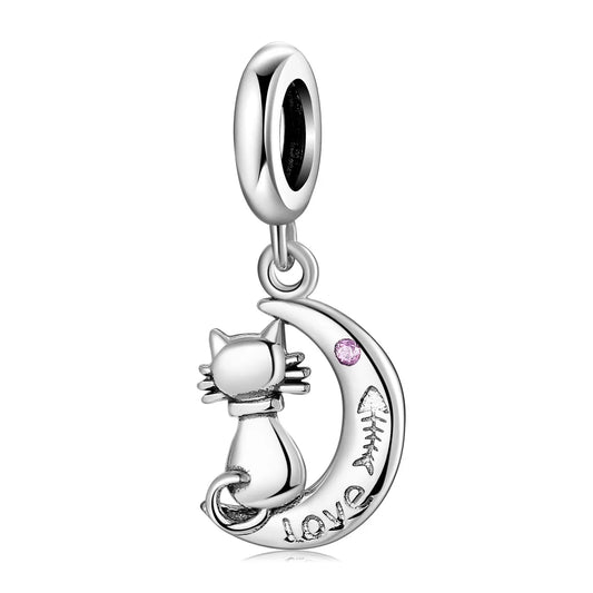 Cat Moon Dangle Charm in Sterling Silver Kozy Lumiere