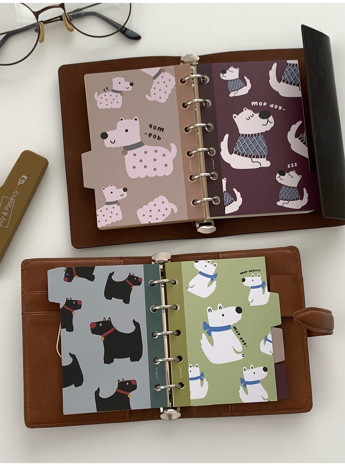 Small binder divider pages with illustrated dog print for journal sections
