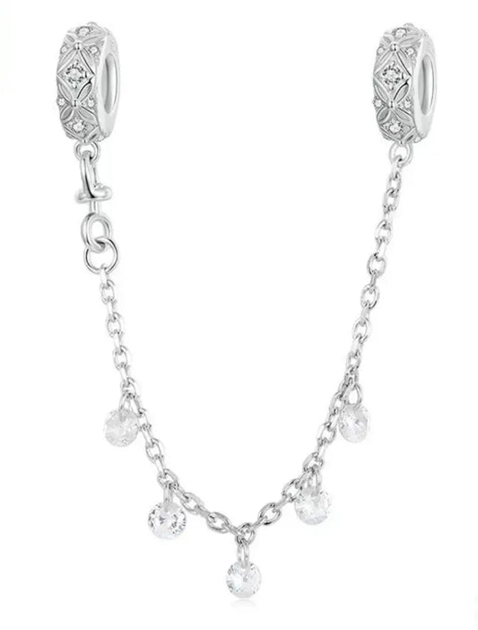 S925 Sterling Silver carved Flower with Dangly Gemstone Safety Chain Charm Kozy Lumiere